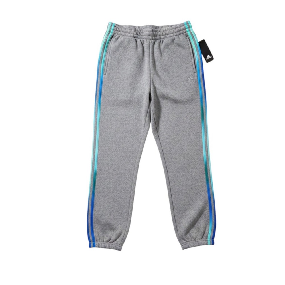 Adidas Girls Large 14/16 Grey Fleece Sweatpants Teal Blue Gradient 3-Stripe New